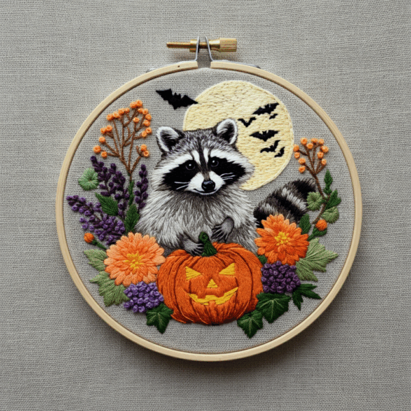 close-up-embroideryed-raccoon-pumpkin-bats