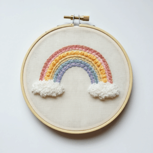 close-up-embroideryed-rainbow-clouds-white-surface