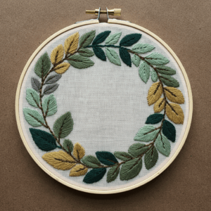 close-up-embroideryed-wreath-leaves-brown-surface