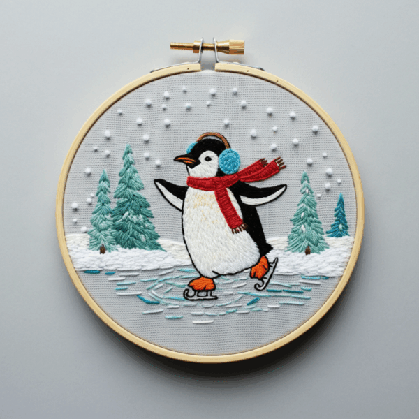 close-up-penguin-skateboard-snowy-landscape