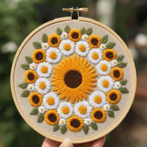 close-up-person-holding-embroideryed-sunflower-hoop
