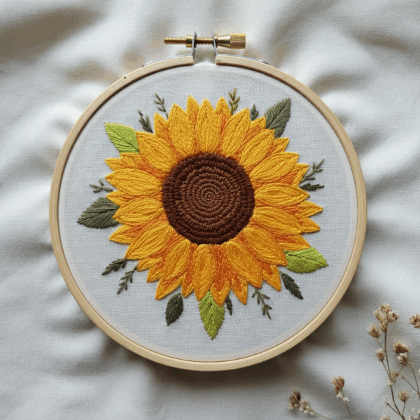 close-up-sunflower-embroidered-white-cloth