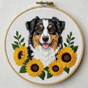arafed-dog-sunflowers-hoop-white-background