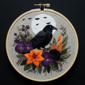 arafed-embroidery-black-bird-sitting-branch-flowers