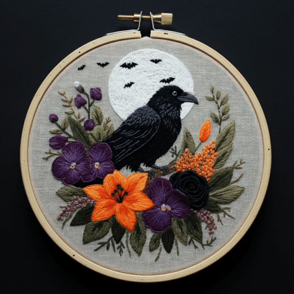 arafed-embroidery-black-bird-sitting-branch-flowers