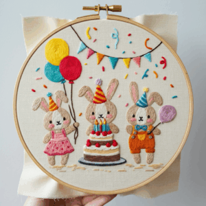 arafed-embroidery-group-bunnies-balloons-cake