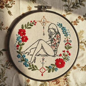 arafed-embroidery-woman-sitting-bed-flowers