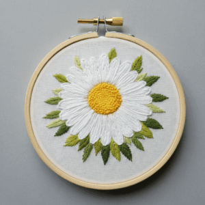 close-up-white-flower-embroidered-wooden-hoop
