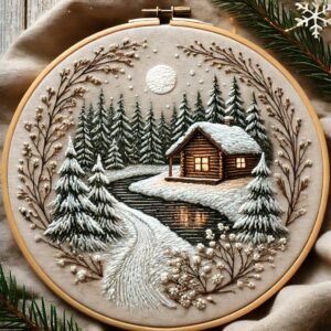 embroidery-art-cabin-woods-snowy-scene