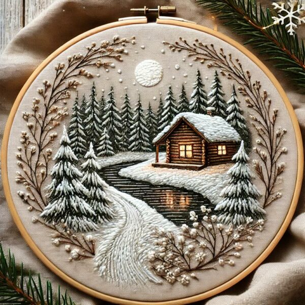 embroidery-art-cabin-woods-snowy-scene