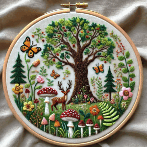embroidery-art-tree-deer-mushrooms-butterflies