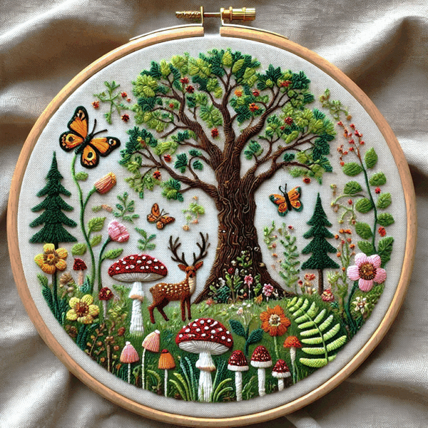 embroidery-art-tree-deer-mushrooms-butterflies