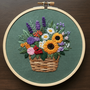 embroidery-basket-flowers-green-background
