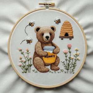 embroidery-bear-holding-jar-honey-bees