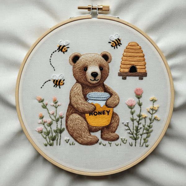 embroidery-bear-holding-jar-honey-bees