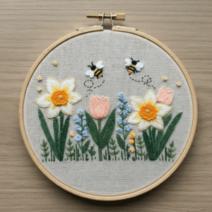 embroidery-bee-flowers-bee-flying-over-them