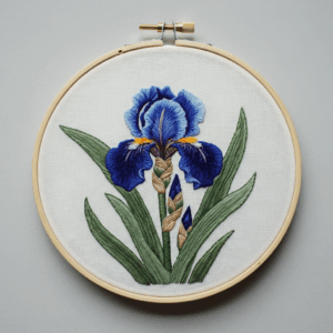 embroidery-blue-iris-flower-green-leaves-white-background