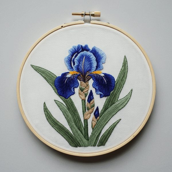 embroidery-blue-iris-flower-green-leaves-white-background