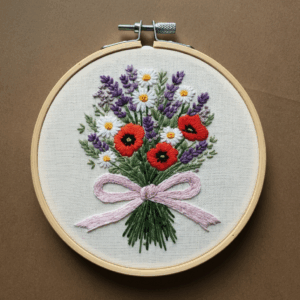 embroidery-bouquet-flowers-ribbon-brown-surface