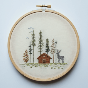 embroidery-cabin-deer-forest-trees