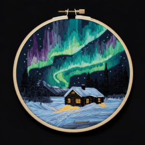 embroidery-cabin-snow-aurora-light