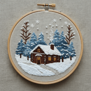 embroidery-cabin-woods-snow-ground