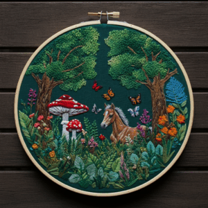 embroidery-horse-forest-mushroom-butterflies