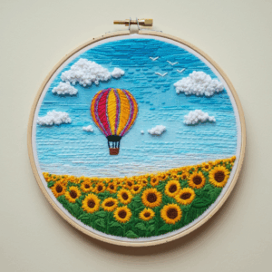 embroidery-hot-air-balloon-flying-over-field-sunflowers