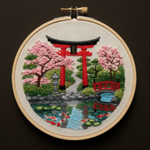 embroidery-japanese-shrine-pond-bridge
