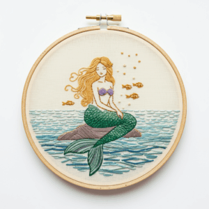 embroidery-mermaid-sitting-rock-ocean
