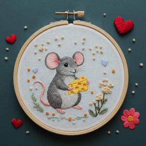 embroidery-mouse-holding-piece-cheese-flowers-hearts