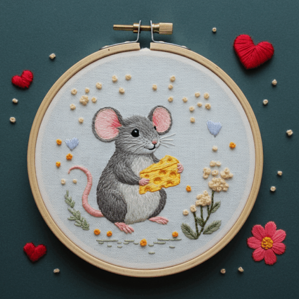 embroidery-mouse-holding-piece-cheese-flowers-hearts