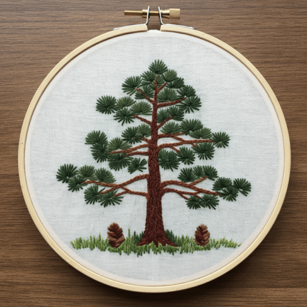 embroidery-pine-tree-pine-cones-wooden-surface