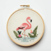 embroidery-pink-flamingo-standing-water-leaves-flowers