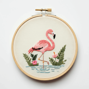embroidery-pink-flamingo-standing-water-leaves-flowers