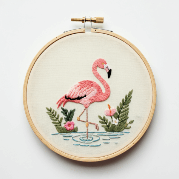 embroidery-pink-flamingo-standing-water-leaves-flowers