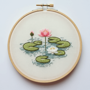 embroidery-pink-flower-lily-pads-water