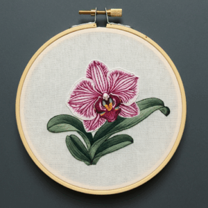 embroidery-pink-flower-green-leaves-white-background