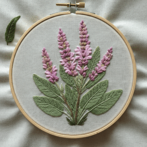 embroidery-purple-flower-green-leaves-white-cloth
