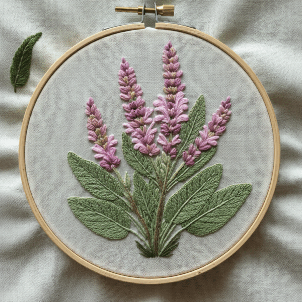 embroidery-purple-flower-green-leaves-white-cloth