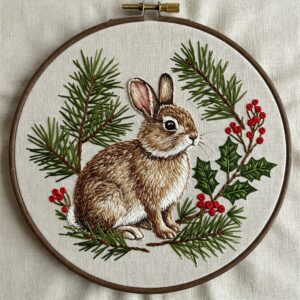 embroidery-rabbit-sitting-branch-holly-leaves