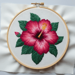 embroidery-red-flower-green-leaves-white-cloth