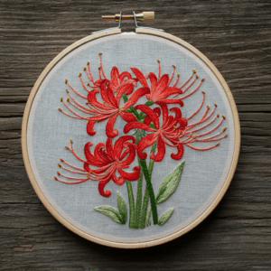 embroidery-red-flower-green-leaves-wooden-surface