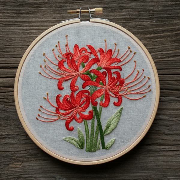 embroidery-red-flower-green-leaves-wooden-surface