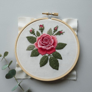 embroidery-rose-leaves-buds-white-cloth