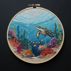 embroidery-sea-turtle-swimming-ocean-corals