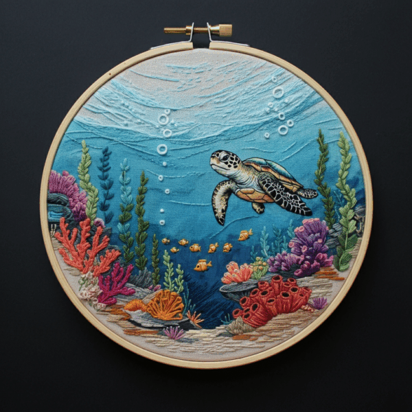 embroidery-sea-turtle-swimming-ocean-corals