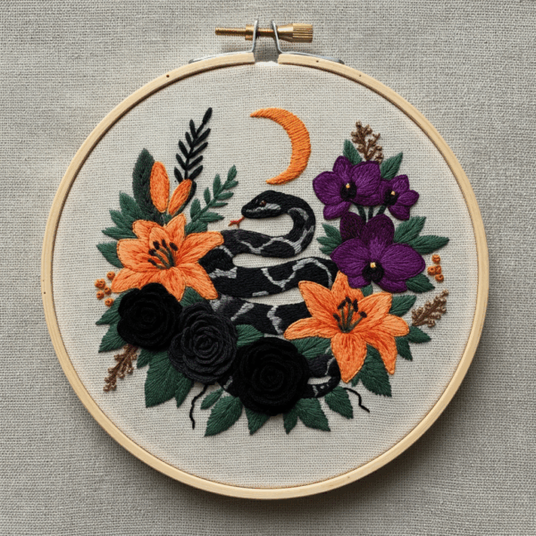 embroidery-snake-flowers-crescent-white-background