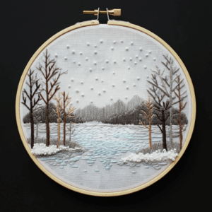 embroidery-snowy-scene-trees-lake