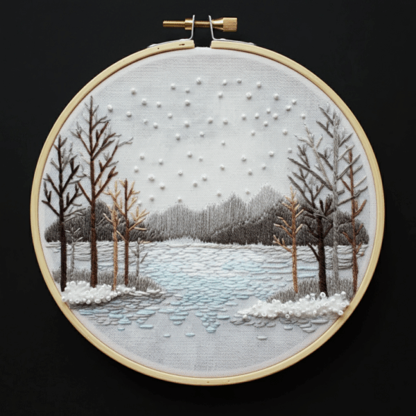 embroidery-snowy-scene-trees-lake